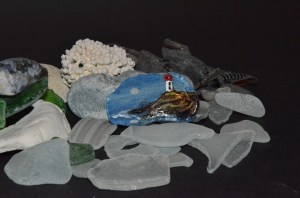 Glass bottle bottom, painted and glazed with a lighthouse scene